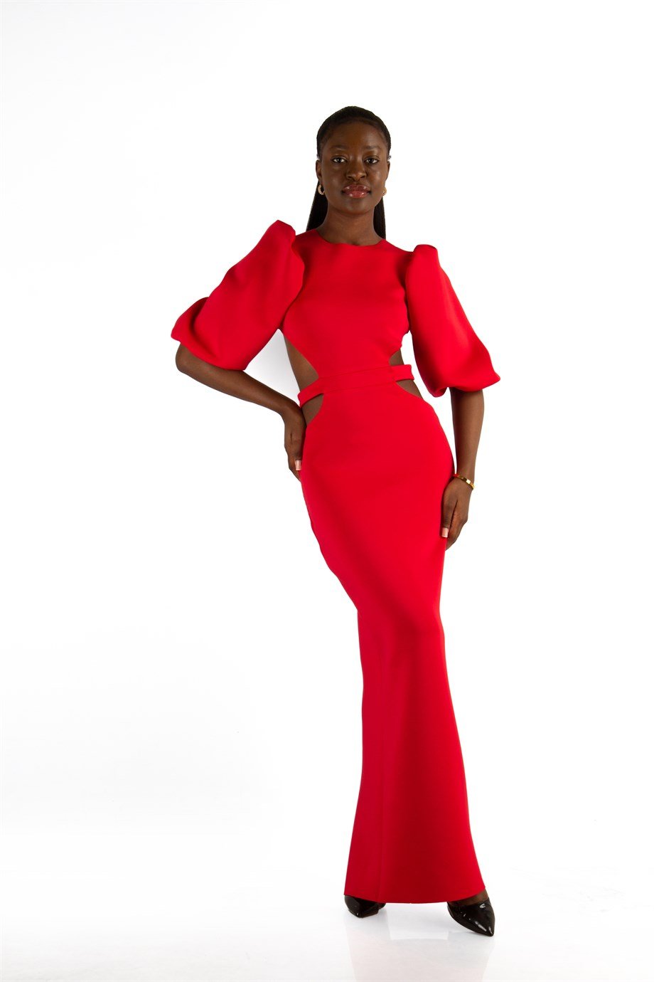 Baloon Sleeve Open Back Long Scuba Dress - Red