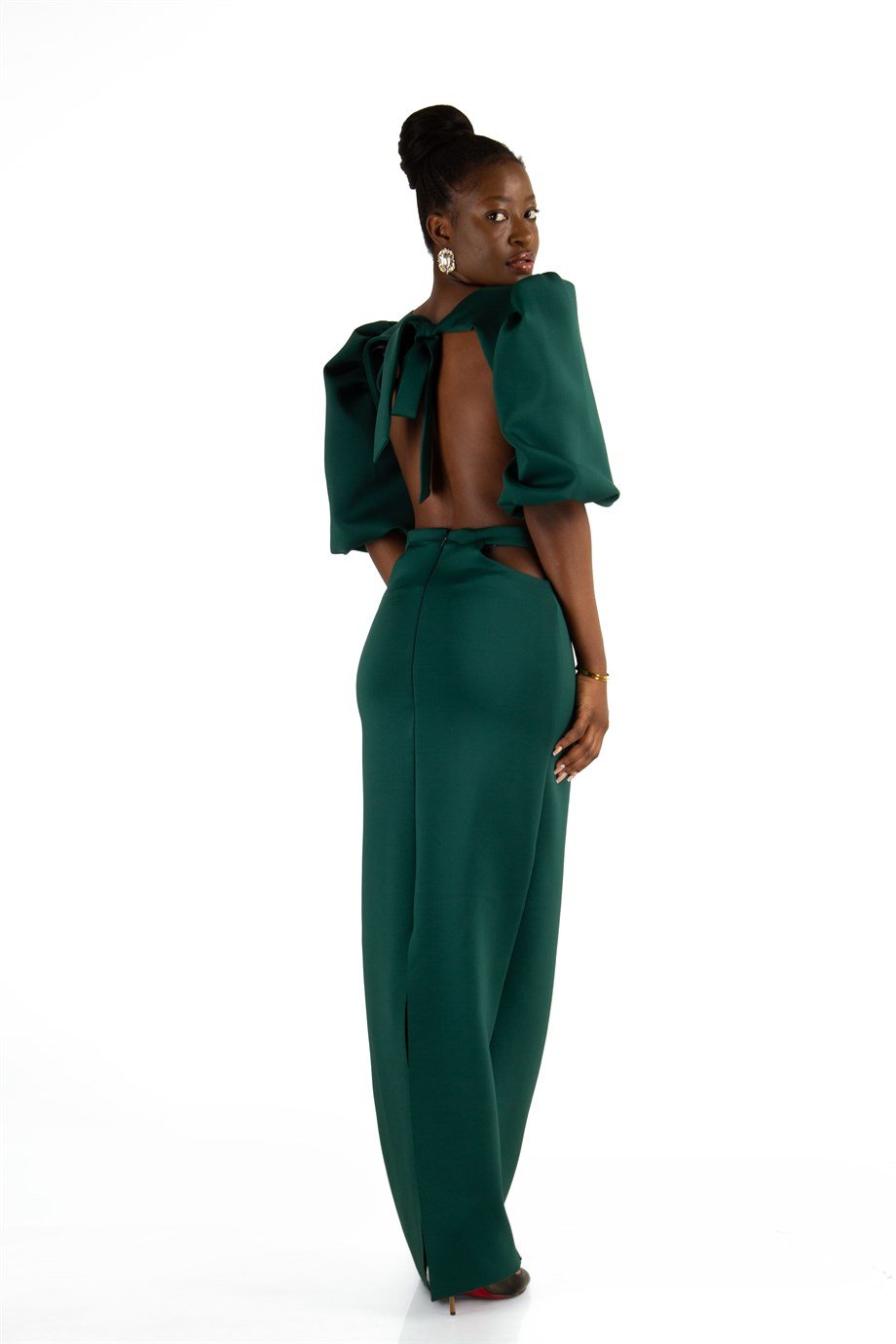 Baloon Sleeve Open Back Long Scuba Dress - Black