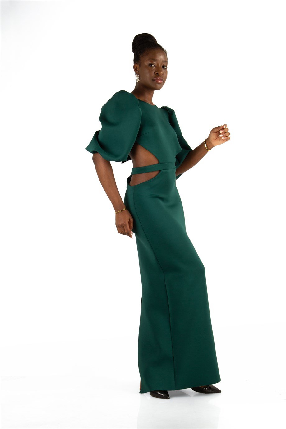 Baloon Sleeve Open Back Long Scuba Dress - Black