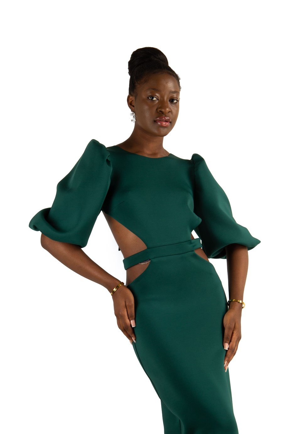 Baloon Sleeve Open Back Long Scuba Dress - Black