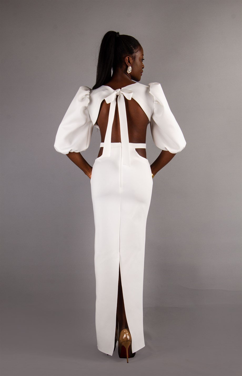 Baloon Sleeve Open Back Long Scuba Dress - White