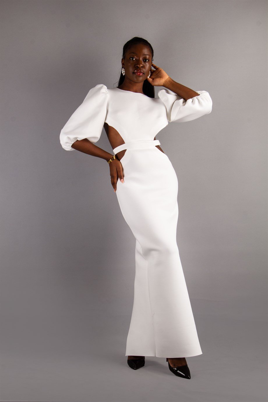 Baloon Sleeve Open Back Long Scuba Dress - White