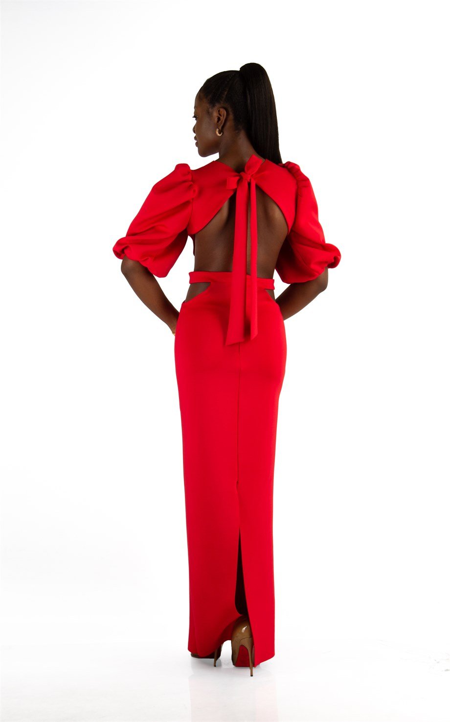 Baloon Sleeve Open Back Long Scuba Dress - Red