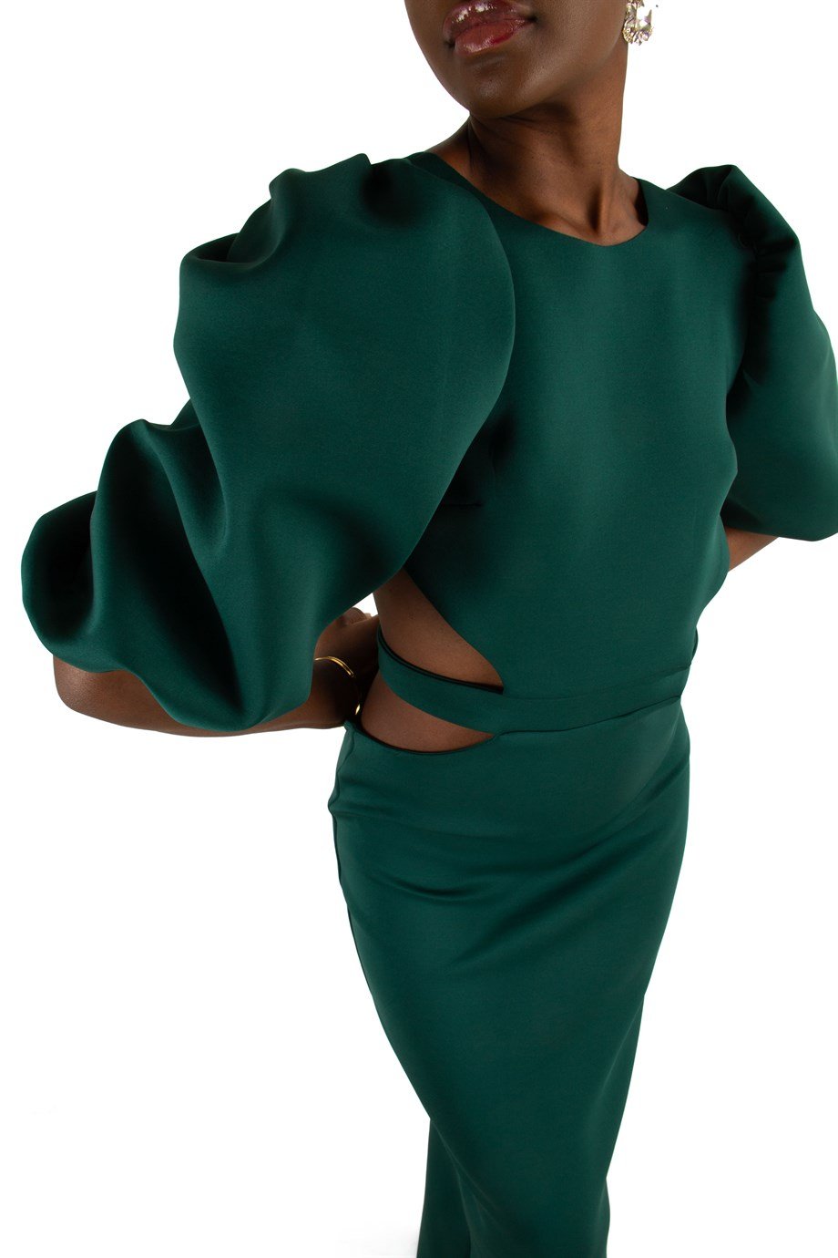 Baloon Sleeve Open Back Long Scuba Dress - Black