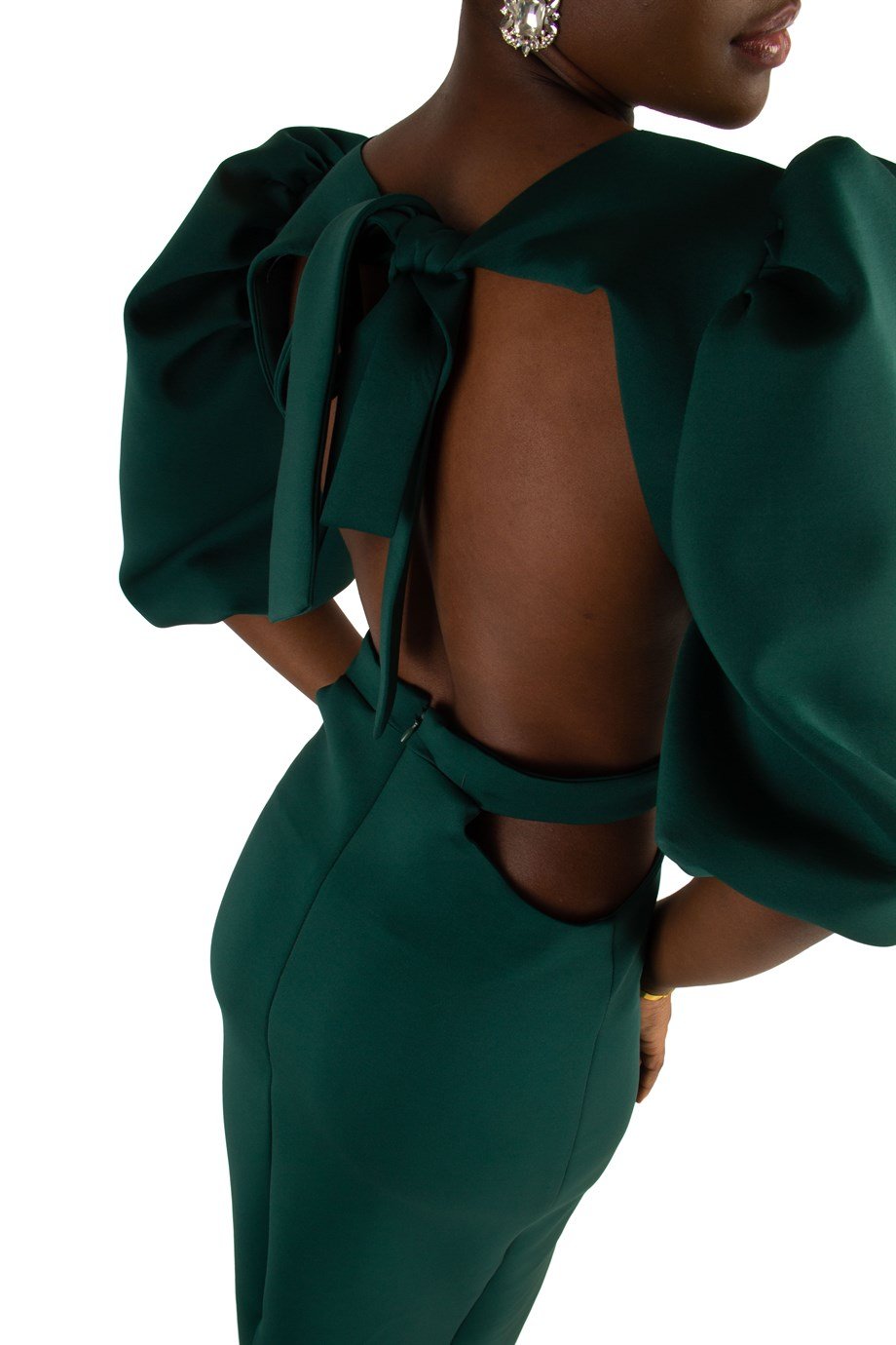 Baloon Sleeve Open Back Long Scuba Dress - Black