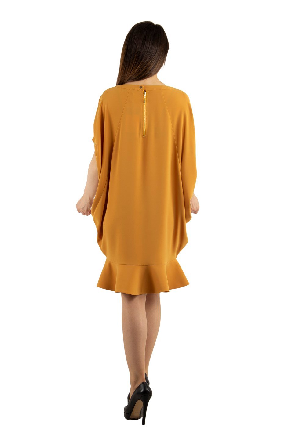 Batwing Fishtail Hem Big Size Midi Dress - Mustard