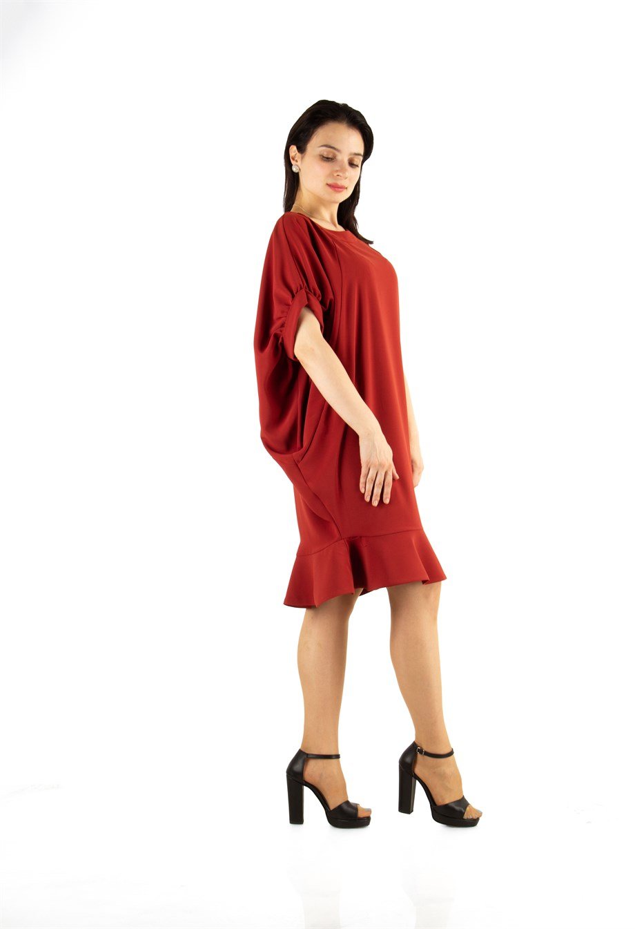 Batwing Fishtail Hem Big Size Midi Dress - Sienna Brown