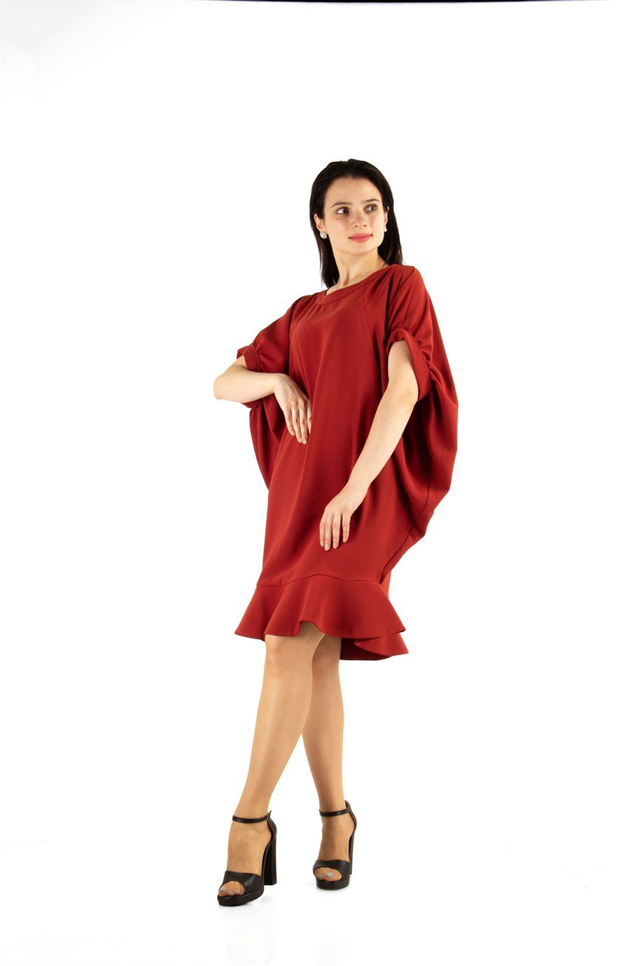 Batwing Fishtail Hem Big Size Midi Dress - Sienna Brown