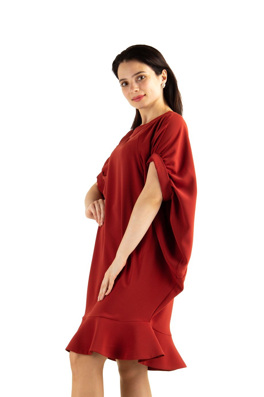 Batwing Fishtail Hem Big Size Midi Dress - Sienna Brown