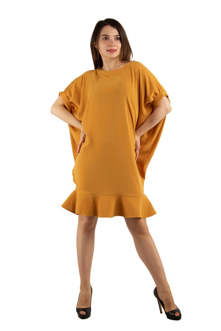 Batwing Fishtail Hem Big Size Midi Dress - Mustard