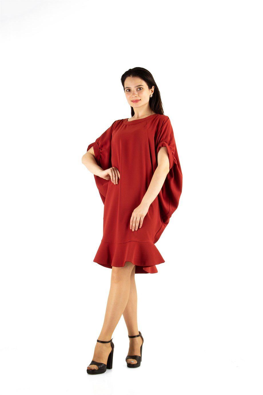 Batwing Fishtail Hem Big Size Midi Dress - Sienna Brown