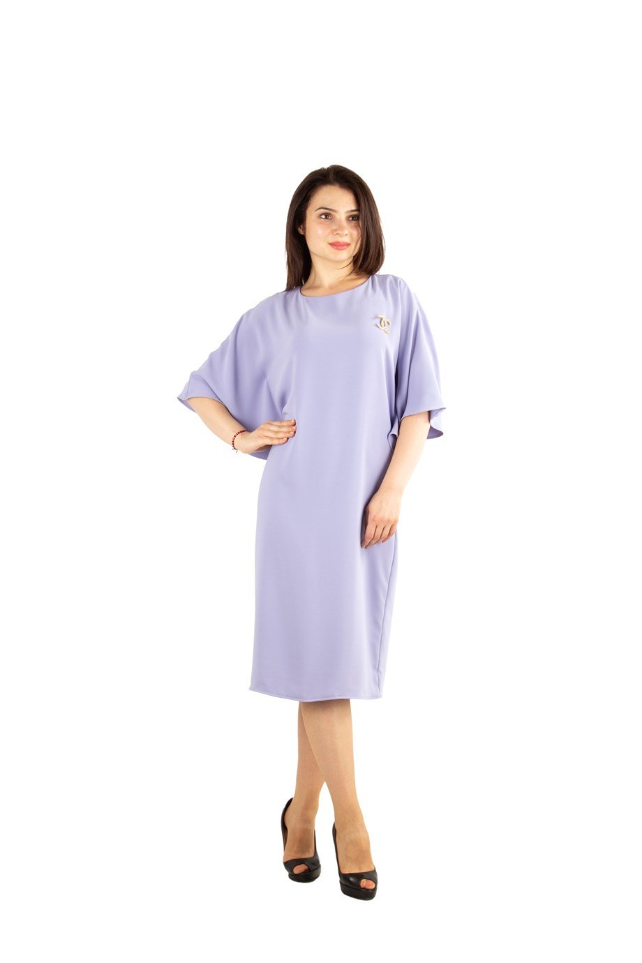 Batwing Plain Big Size Dress With Brooch Detail - Lilac
