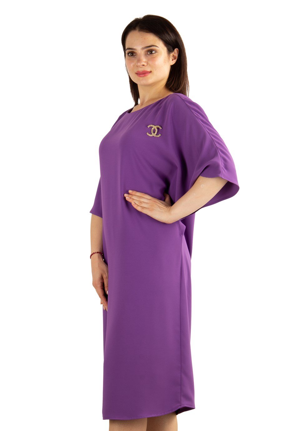 Batwing Plain Dress With Brooch Detail - Purple