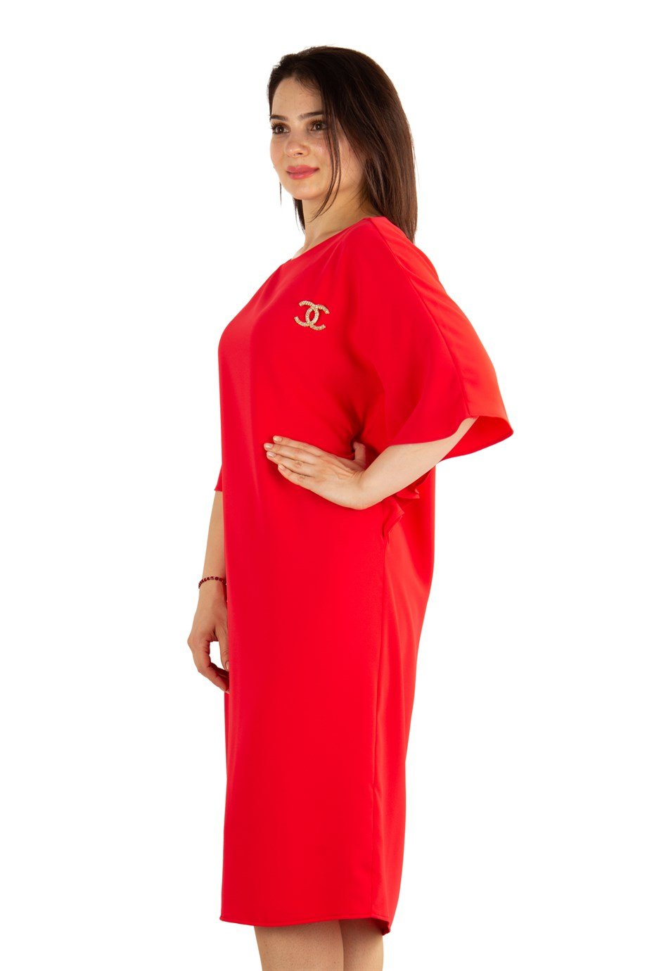 Batwing Plain Dress With Brooch Detail - Red