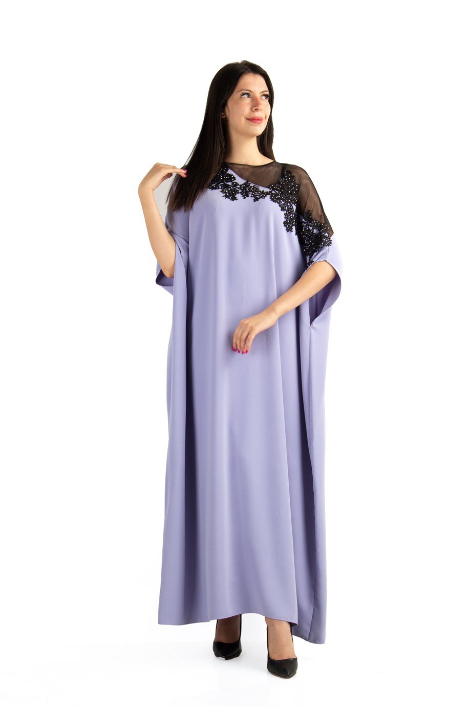 Batwing Sleeve Long Big Size Dress With Lace and Tulle Detail - Lilac