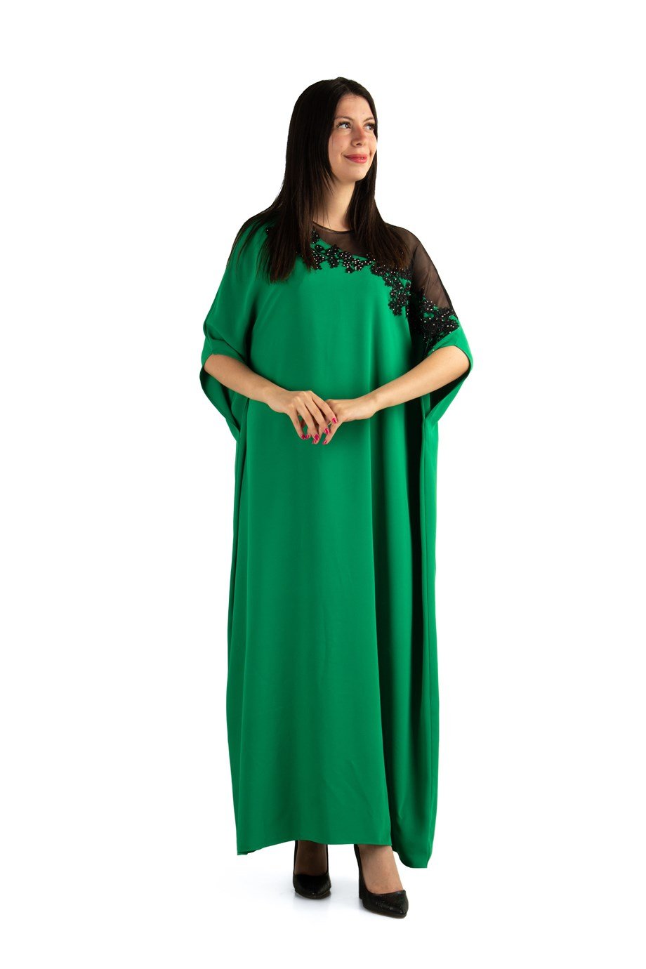Batwing Sleeve Long Big Size Dress With Lace and Tulle Detail - Grass Green