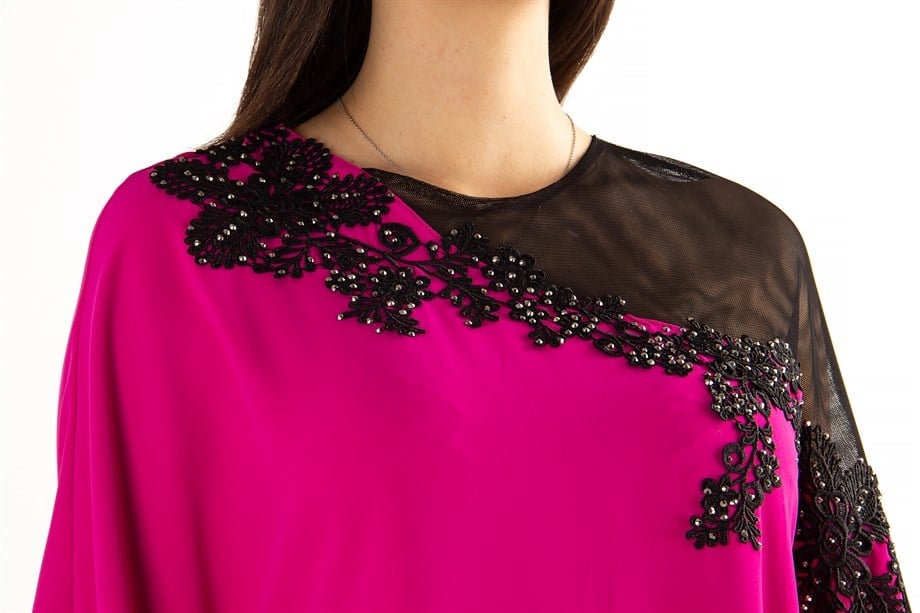 Batwing Sleeve Long Big Size Dress With Lace and Tulle Detail - Fuchsia