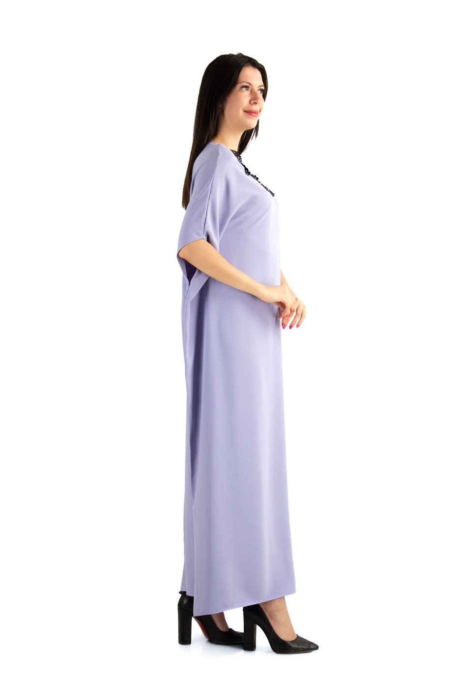Batwing Sleeve Long Big Size Dress With Lace and Tulle Detail - Lilac