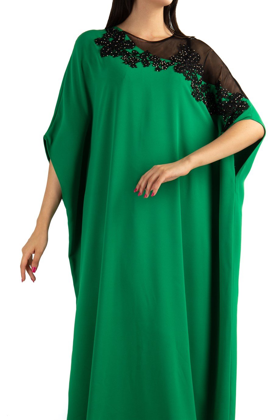 Batwing Sleeve Long Big Size Dress With Lace and Tulle Detail - Grass Green