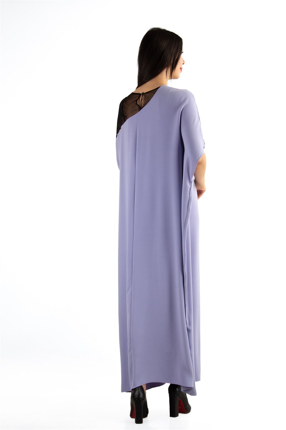 Batwing Sleeve Long Big Size Dress With Lace and Tulle Detail - Lilac
