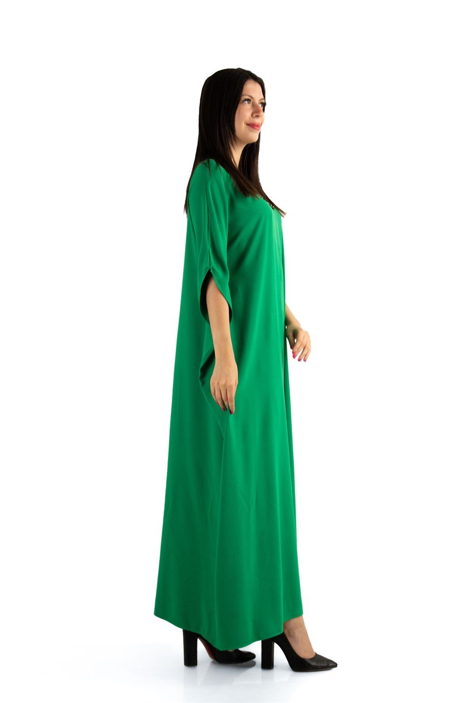 Batwing Sleeve Long Big Size Dress With Lace and Tulle Detail - Grass Green