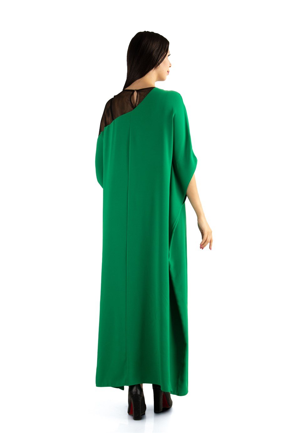 Batwing Sleeve Long Big Size Dress With Lace and Tulle Detail - Grass Green