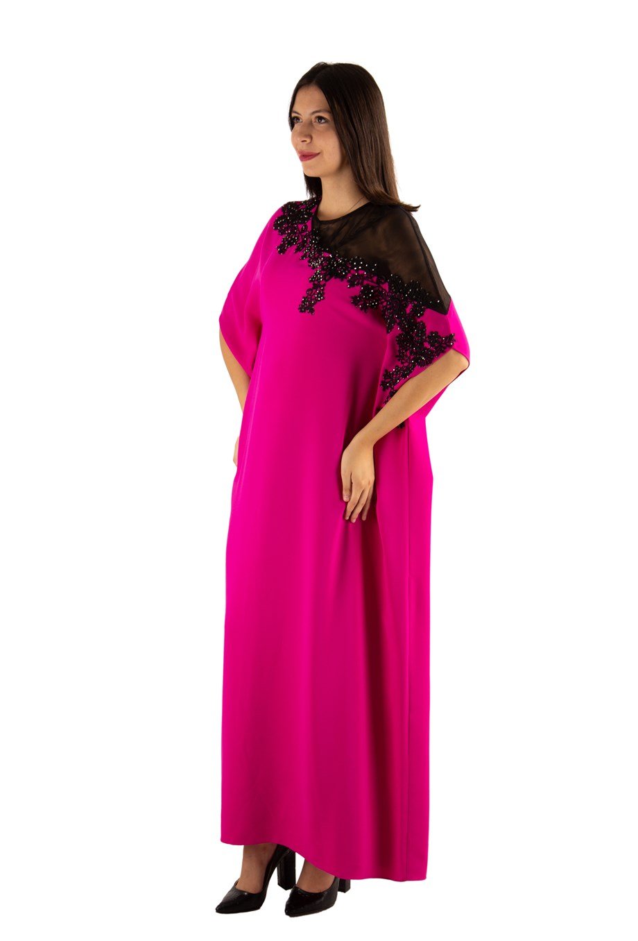 Batwing Sleeve Long Big Size Dress With Lace and Tulle Detail - Fuchsia