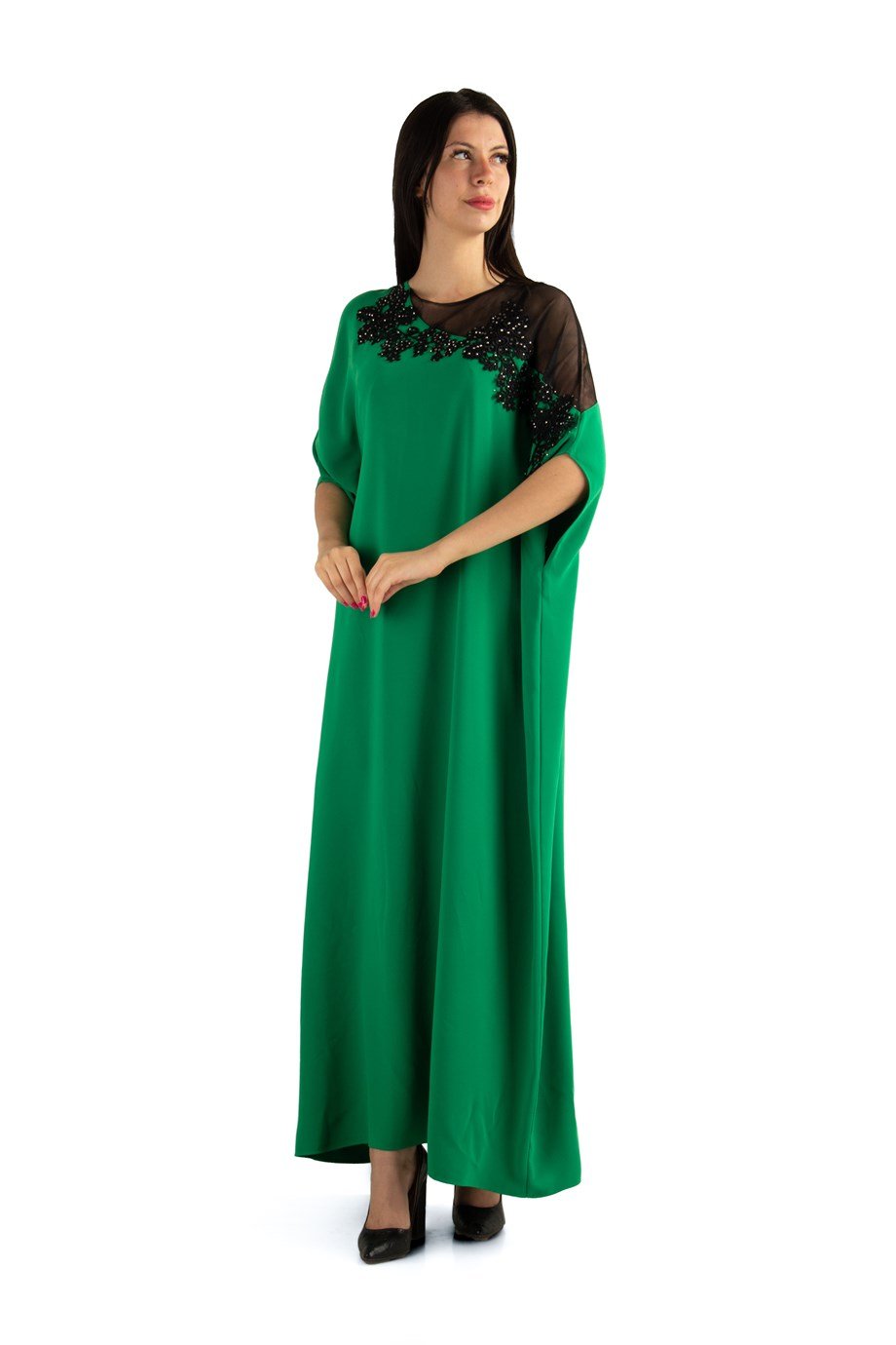Batwing Sleeve Long Big Size Dress With Lace and Tulle Detail - Grass Green