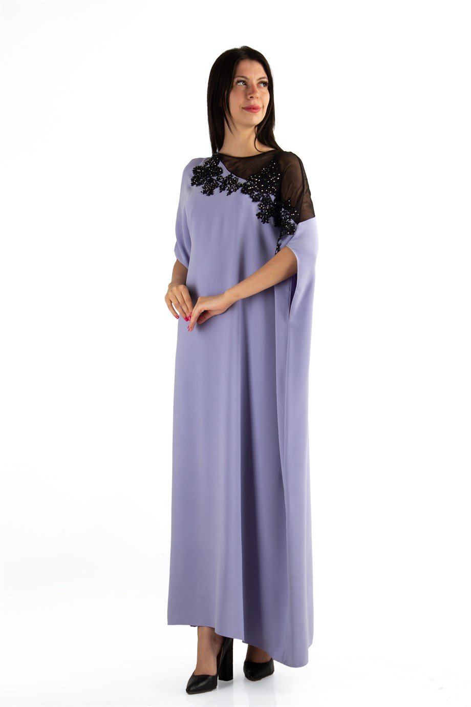 Batwing Sleeve Long Big Size Dress With Lace and Tulle Detail - Lilac