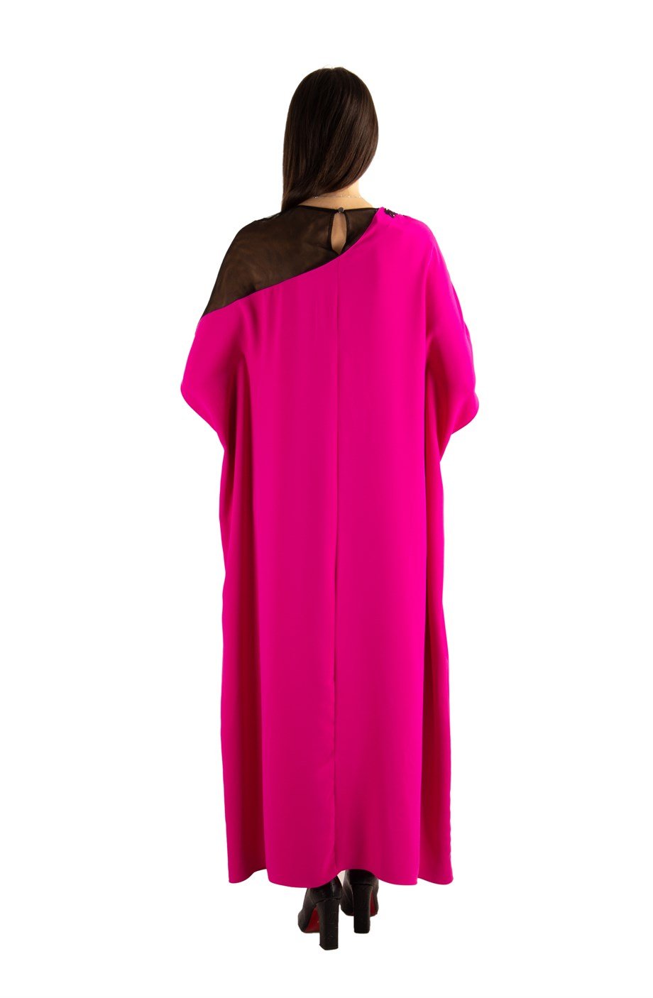 Batwing Sleeve Long Dress With Lace and Tulle Detail - Fuchsia