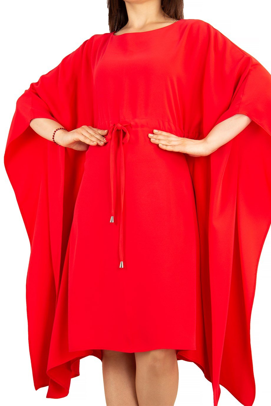Batwing Tie Waist Dress - Red