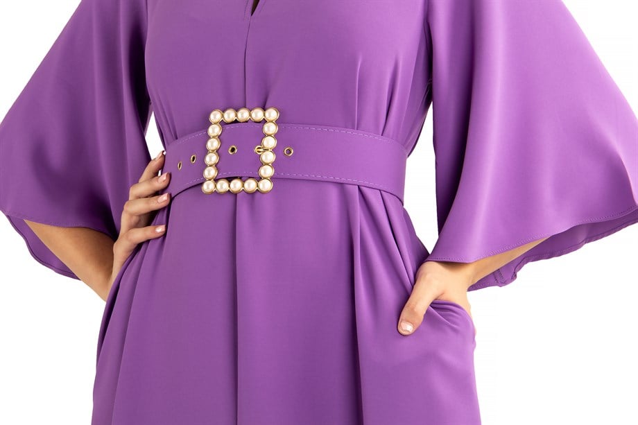 Bell Sleeve Long Dress With Pearl Belt - Purple