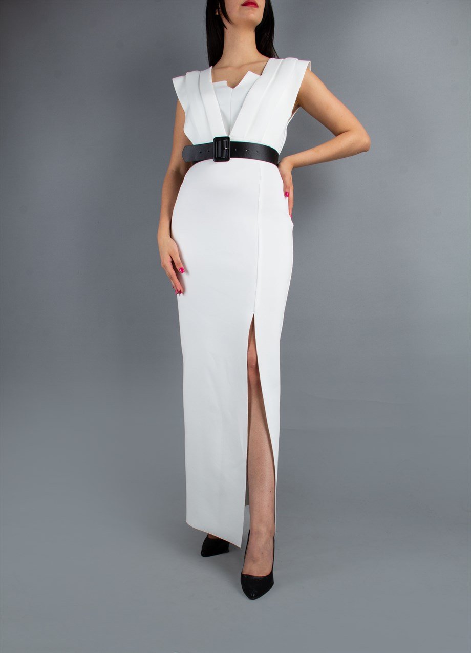Belted Long Scuba Dress - White