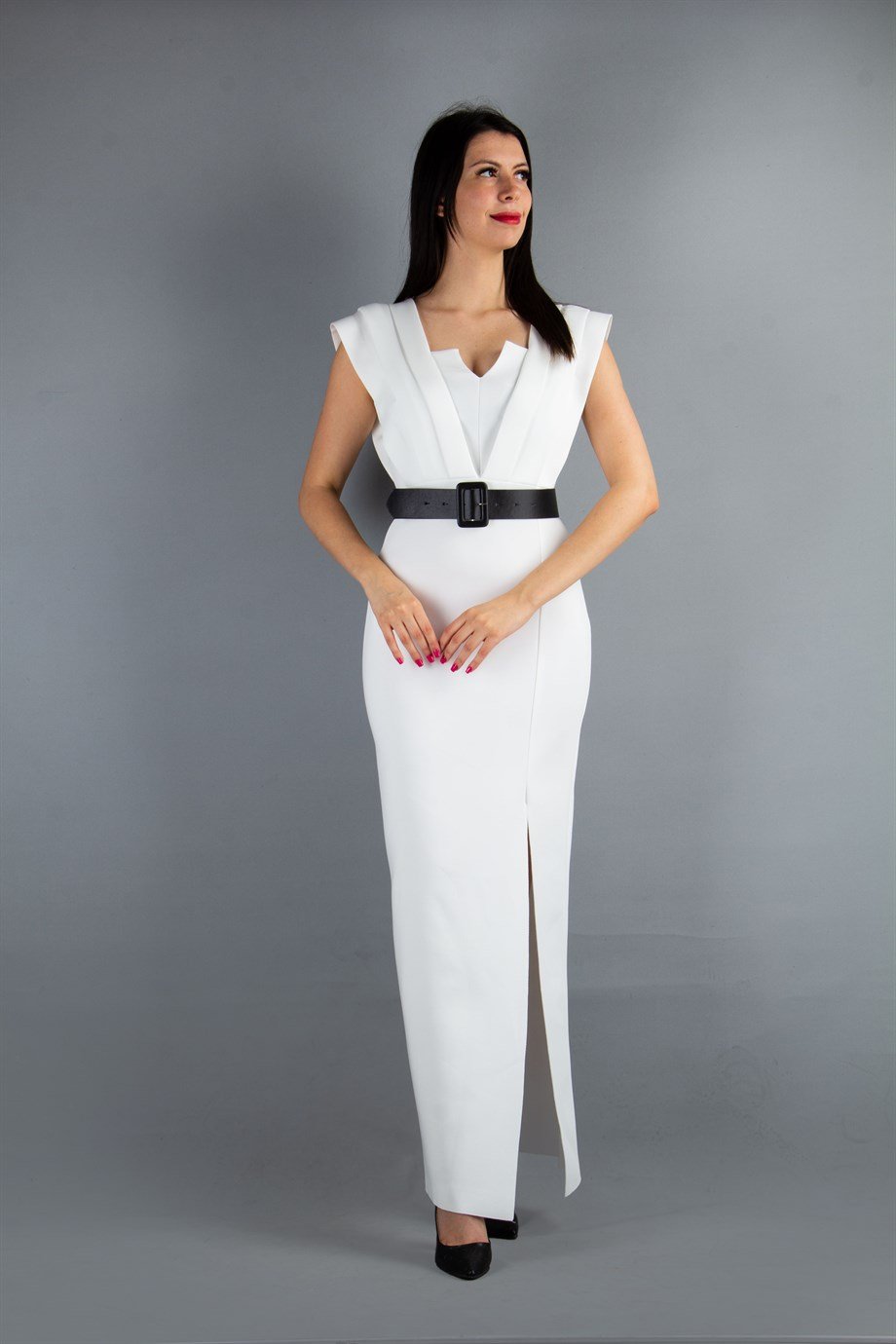 Belted Long Scuba Dress - White
