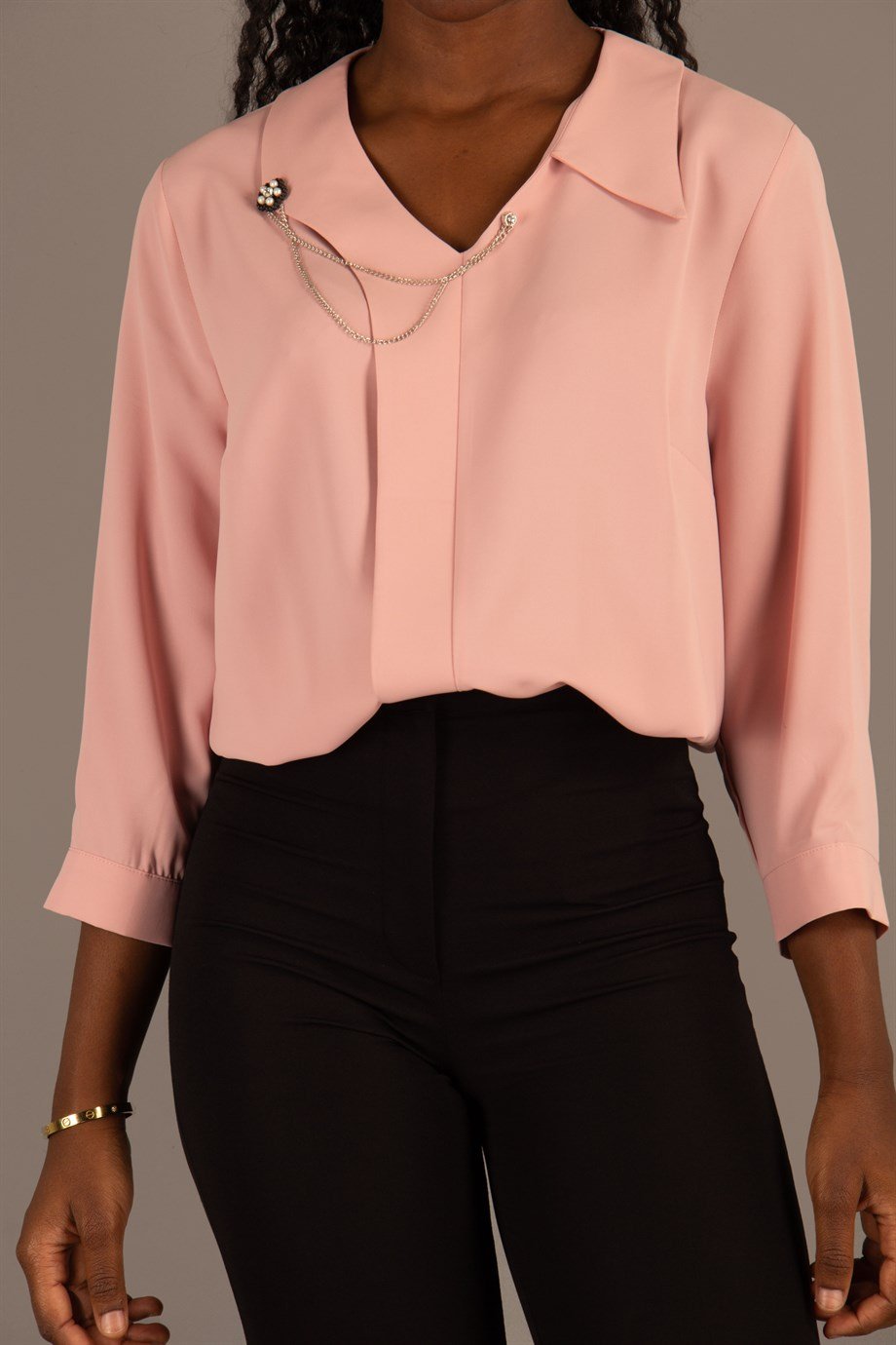 Big Size Blouse With Chain Brooch - Powder