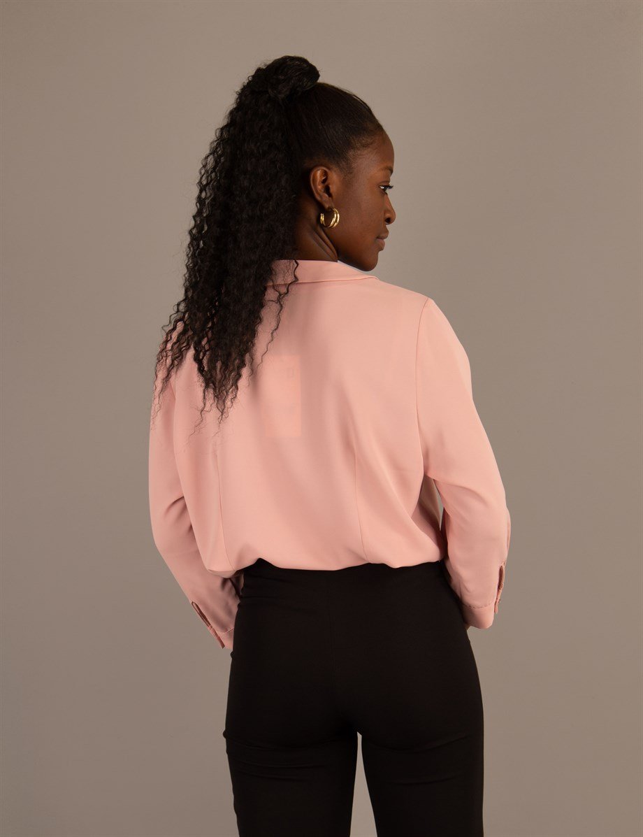 Big Size Blouse With Chain Brooch - Powder