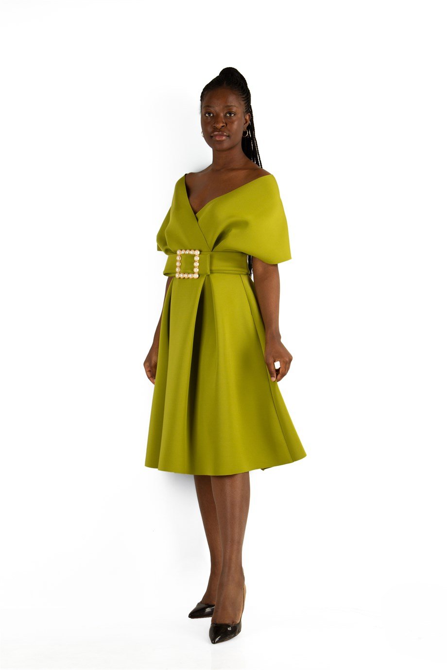 Big Size V- Neck Flare Scuba Dress With Pearl Belt - Khaki
