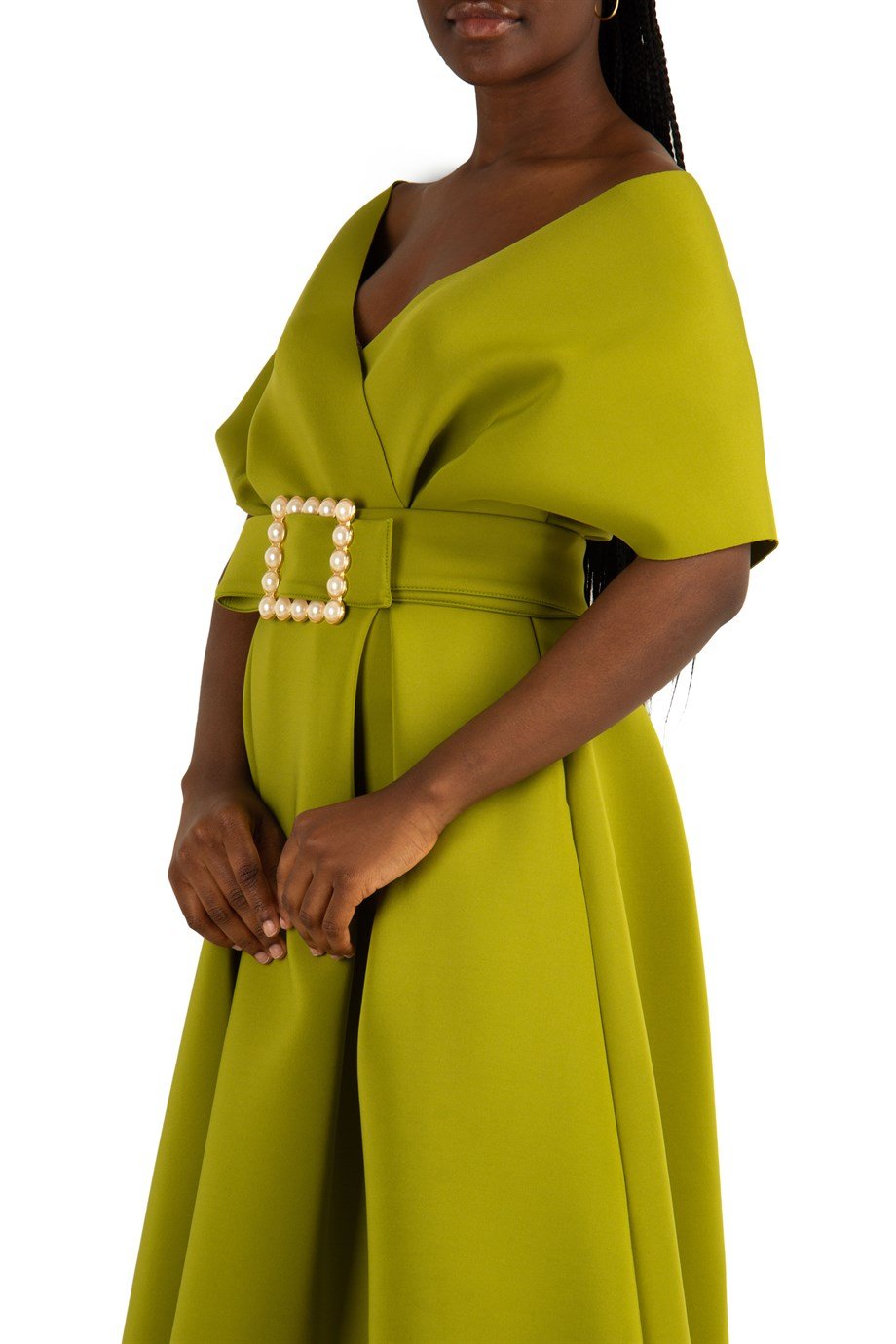Big Size V- Neck Flare Scuba Dress With Pearl Belt - Khaki