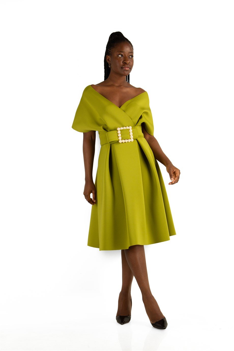 Big Size V- Neck Flare Scuba Dress With Pearl Belt - Khaki