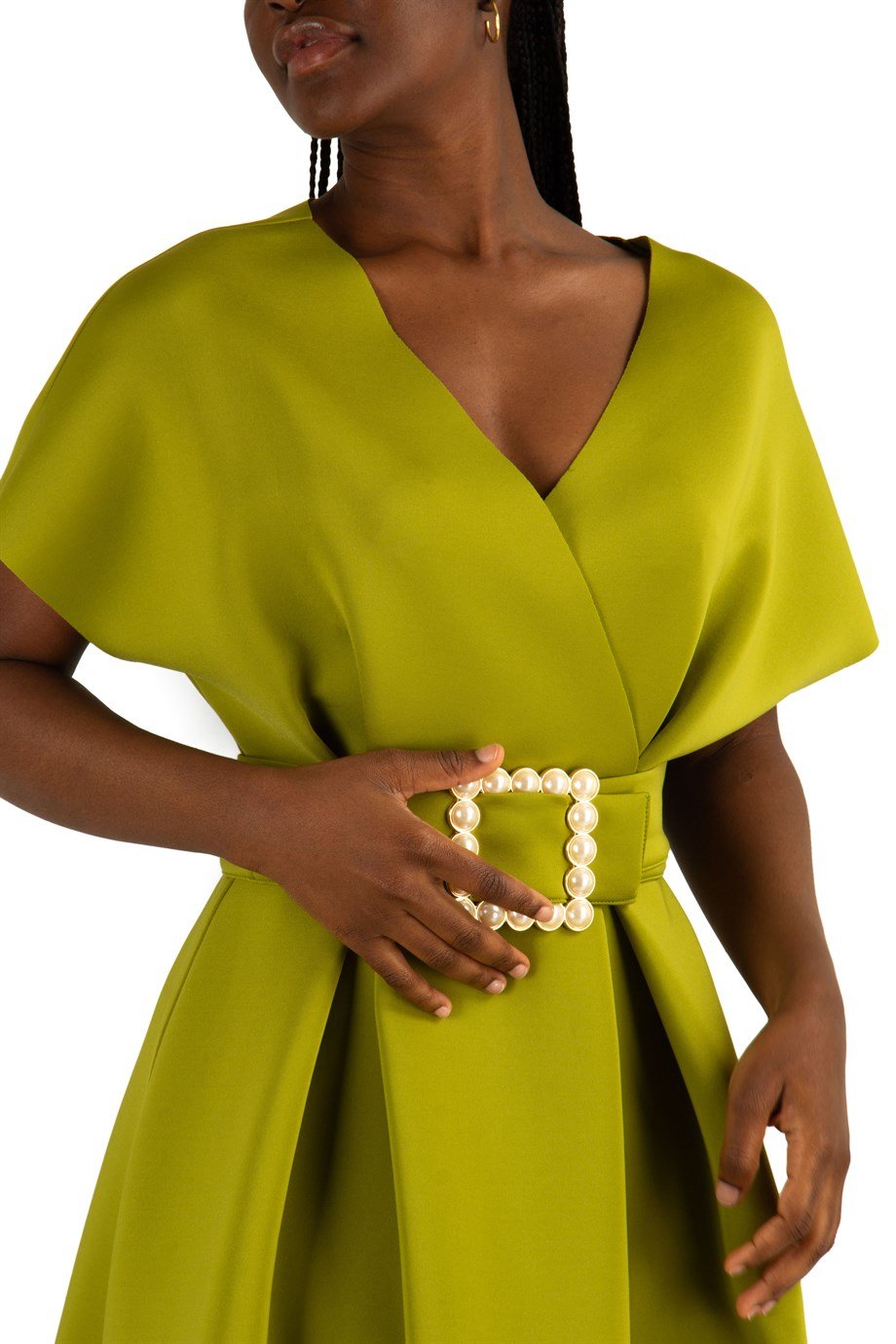 Big Size V- Neck Flare Scuba Dress With Pearl Belt - Khaki