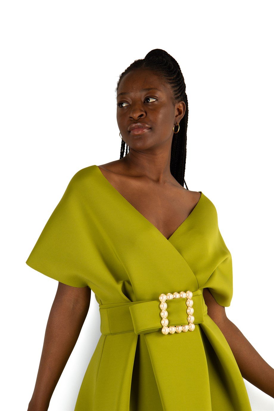 Big Size V- Neck Flare Scuba Dress With Pearl Belt - Khaki