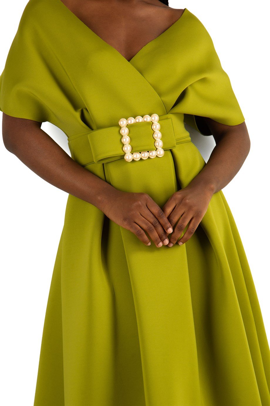Big Size V- Neck Flare Scuba Dress With Pearl Belt - Khaki