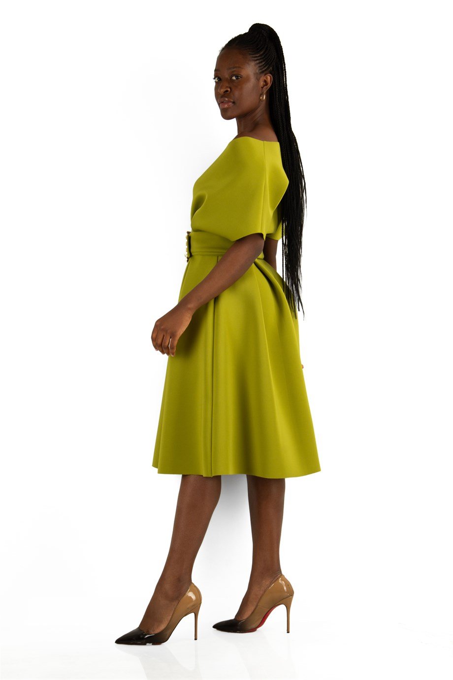 Big Size V- Neck Flare Scuba Dress With Pearl Belt - Khaki