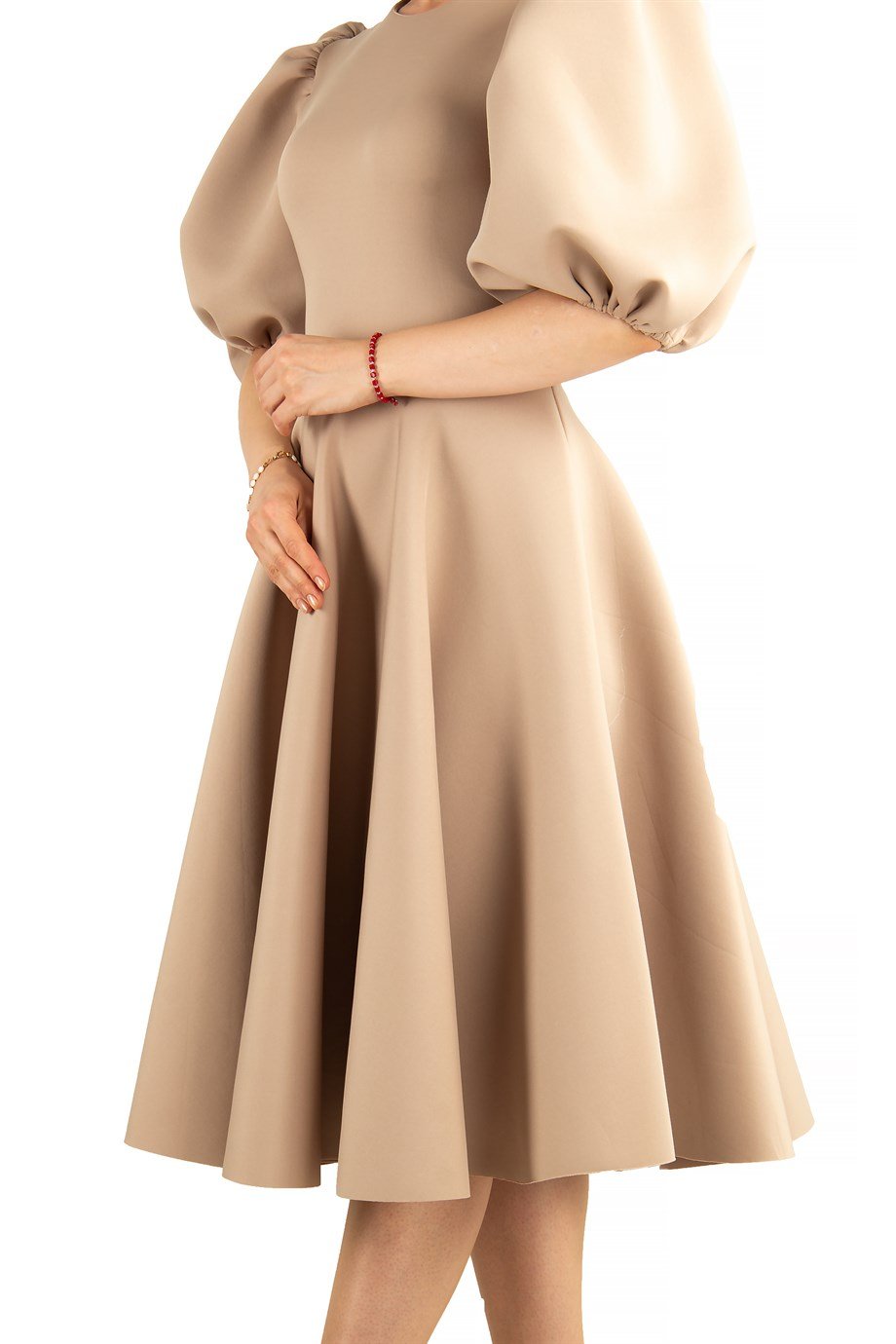 Bishop Sleeve Scuba Dress - Beige