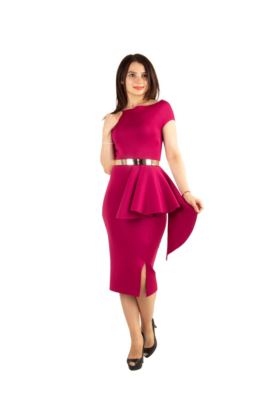 Boat Neck Draped Scuba Big Size Dress With Belt - Maroon