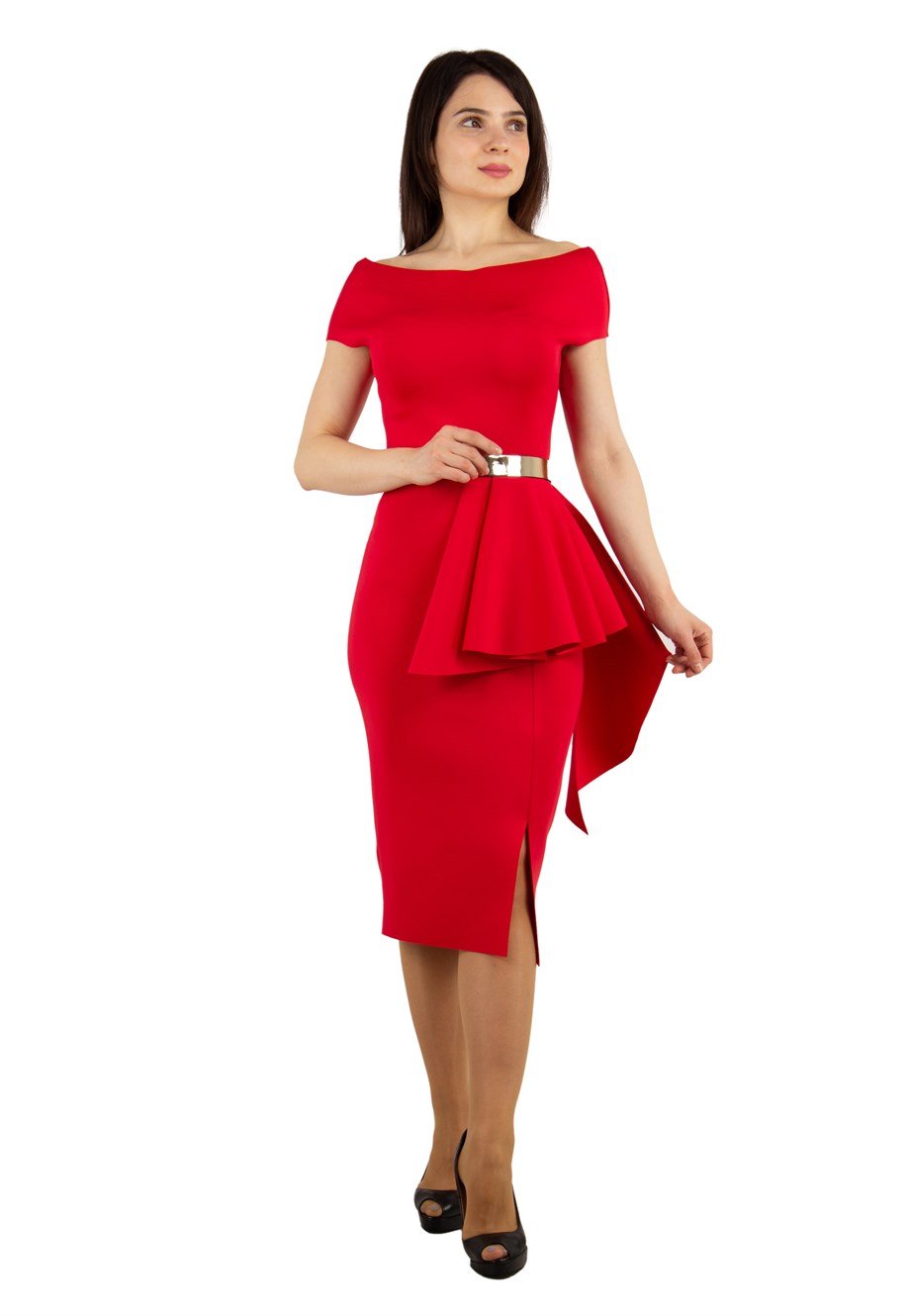 Boat Neck Draped Scuba Big Size Dress With Belt - Red