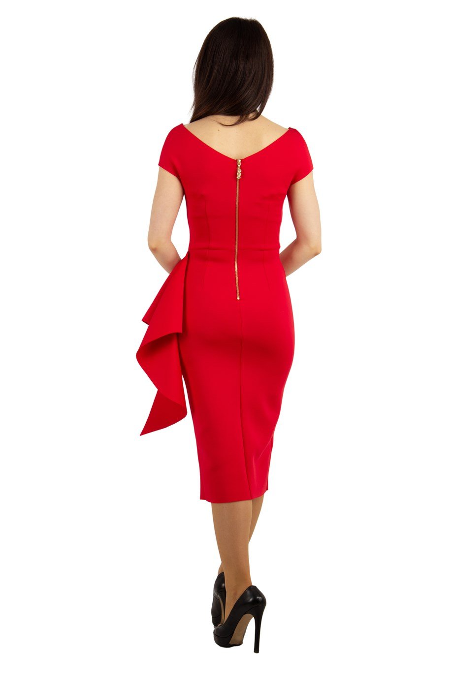 Boat Neck Draped Scuba Big Size Dress With Belt - Red