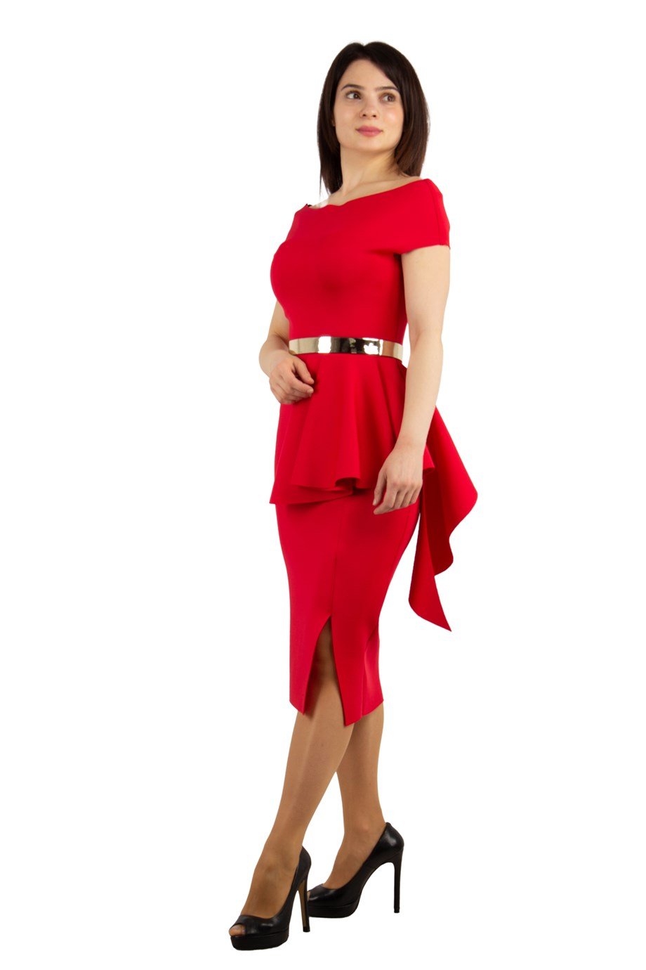 Boat Neck Draped Scuba Big Size Dress With Belt - Red