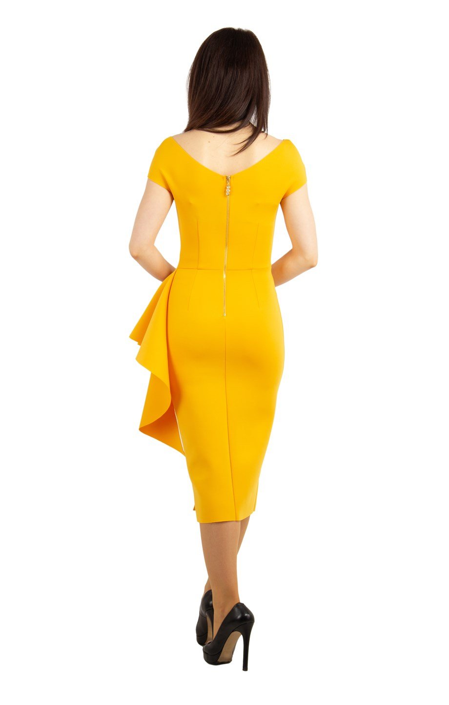 Boat Neck Draped Scuba Dress With Belt - Mustard