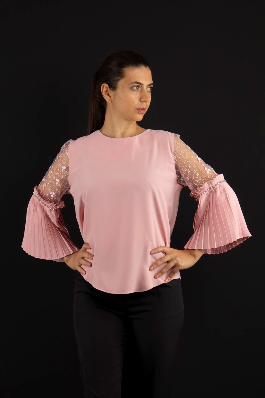 Boat Neck Pleated Lace Detail Sleeves Blouse - Powder